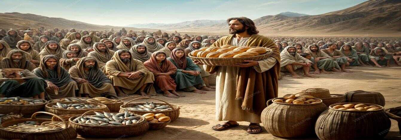 Jesus Christ Feeds the five thousand Biblical story | Premium AI-generated image