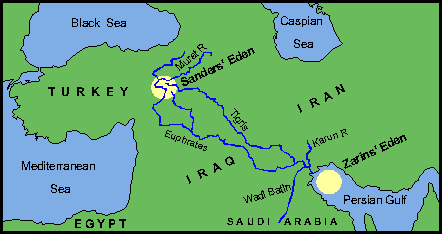 Map of the Middle East with the erroniously proposed locations of the Garden of Eden
