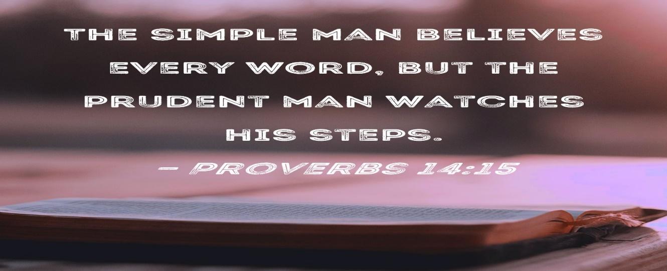 Proverbs 14:15 The simple man believes every word, but the prudent man watches his steps.