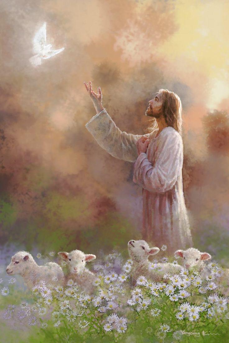 "Prince of Peace" by Yongsung Kim portrays Jesus reaching up to a dove in a field of flowers ...